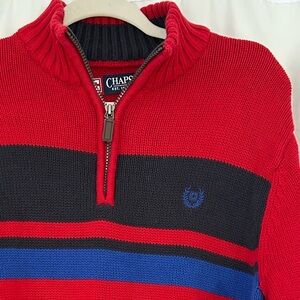 Chaps 100% Cotton Red Sweater with Blue and Black Stripes